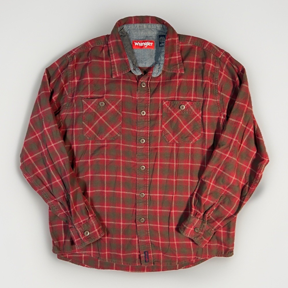 Wrangler Mens L Red Brown Plaid Flannel Shirt Long Sleeve Cotton Workwear Pocket